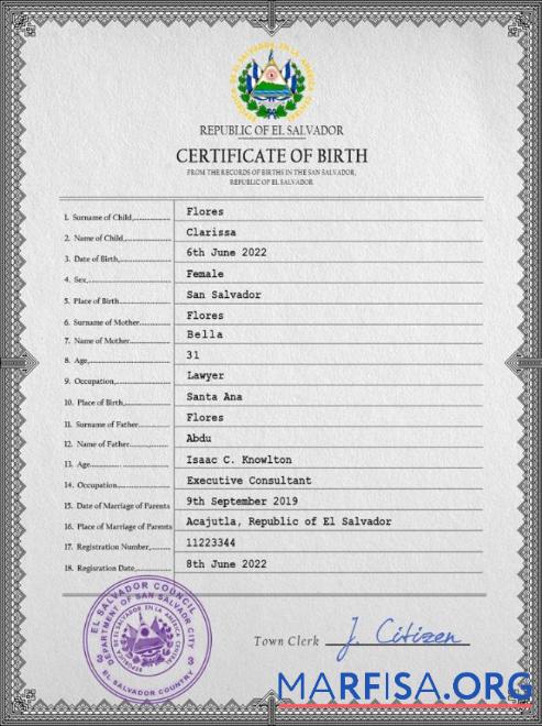 Printable Salvador vital record birth certificate PSD template